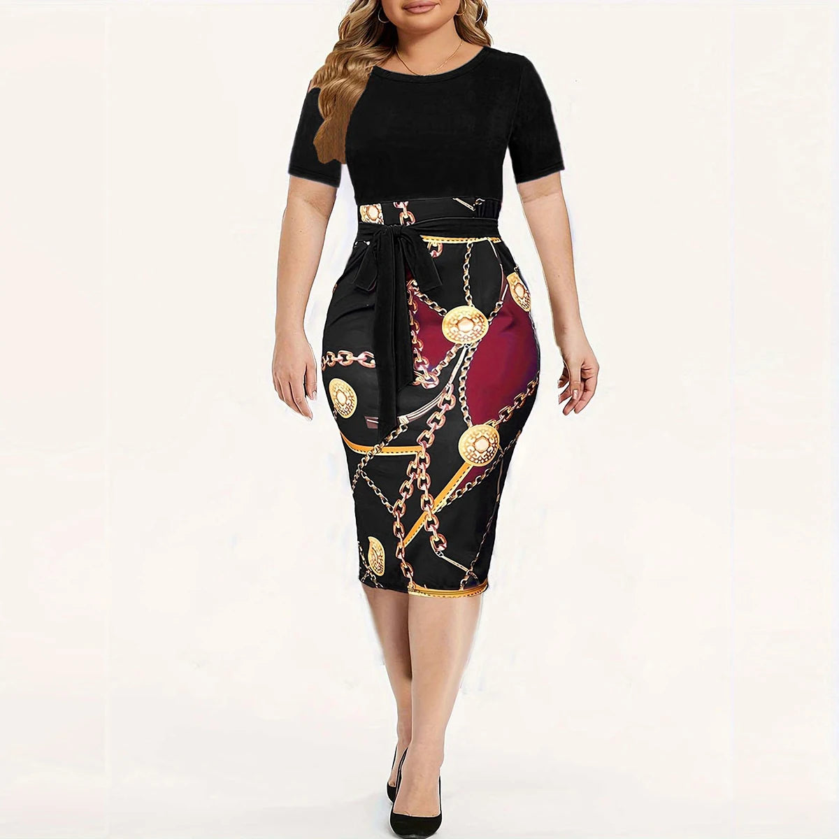 EJVS™ Colorblock Chain Print Belt Dress
