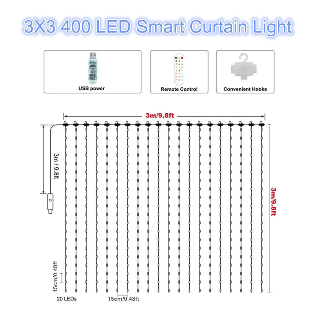 EJVS™ Smart Curtain Lights, 400 LED USB Curtain String Lights with App Remote Control