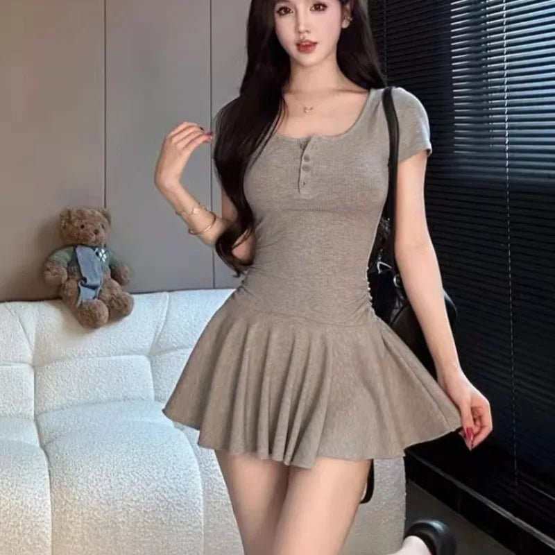 EJVS™ Spicy Girls Short Sleeve Mini Dress - Pleated Single Breasted