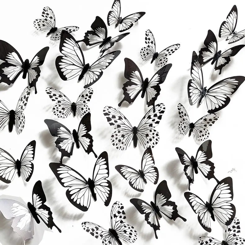 24-Piece 3D Black & White Butterfly Wall Stickers – Home & Wedding Decor