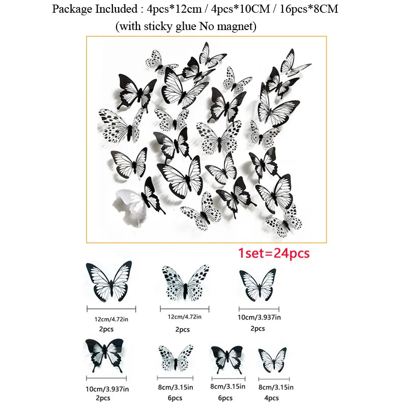 24-Piece 3D Black & White Butterfly Wall Stickers – Home & Wedding Decor