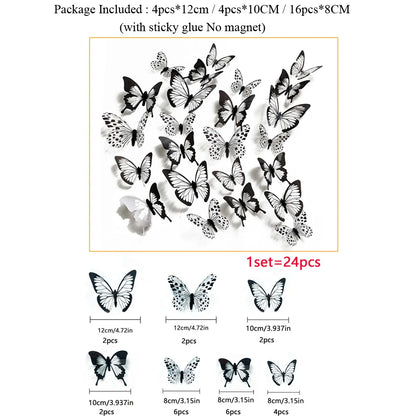 24-Piece 3D Black & White Butterfly Wall Stickers – Home & Wedding Decor