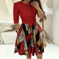 EJVS™  Round Neck Printed Belt Party Dress Elegant Office Lady Zipper Dress