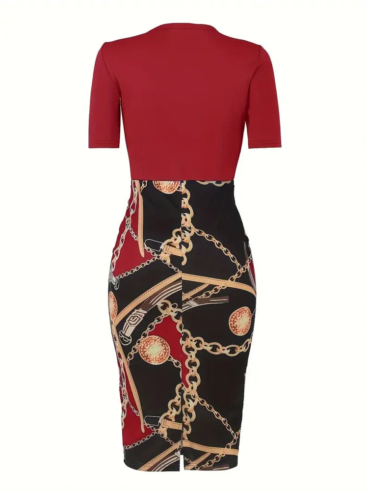 EJVS™ Colorblock Chain Print Belt Dress