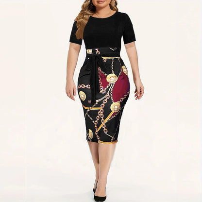 EJVS™ Colorblock Chain Print Belt Dress
