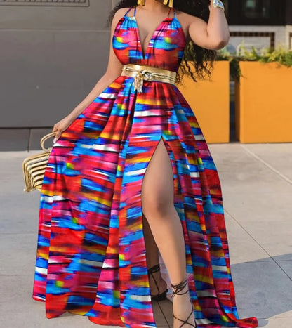 EJVS™  Summer Boho Sleeveless Slim Print Side Slit Party Maxi Dresses