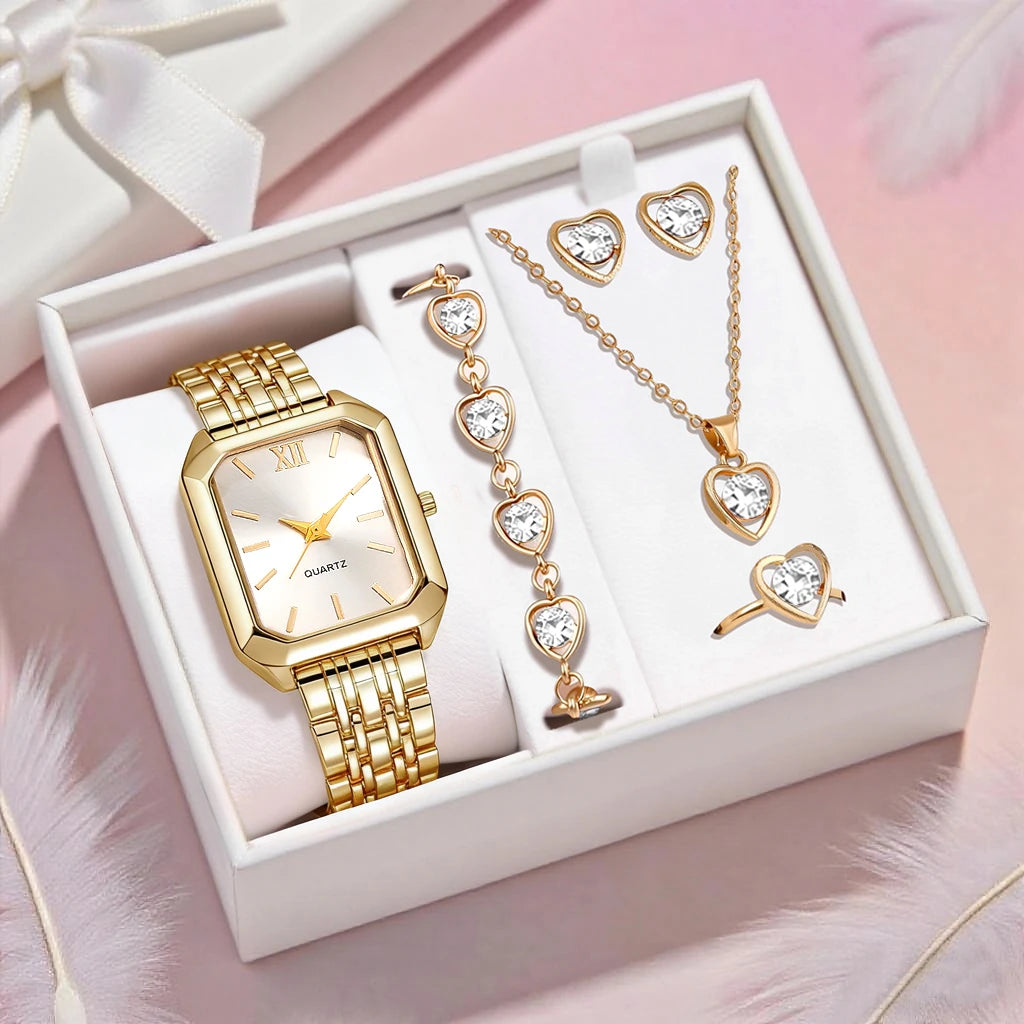 EJVS™  Fashionable Women's Round Dial Leather Strap Quartz Watch + Exquisite Jewelry Set