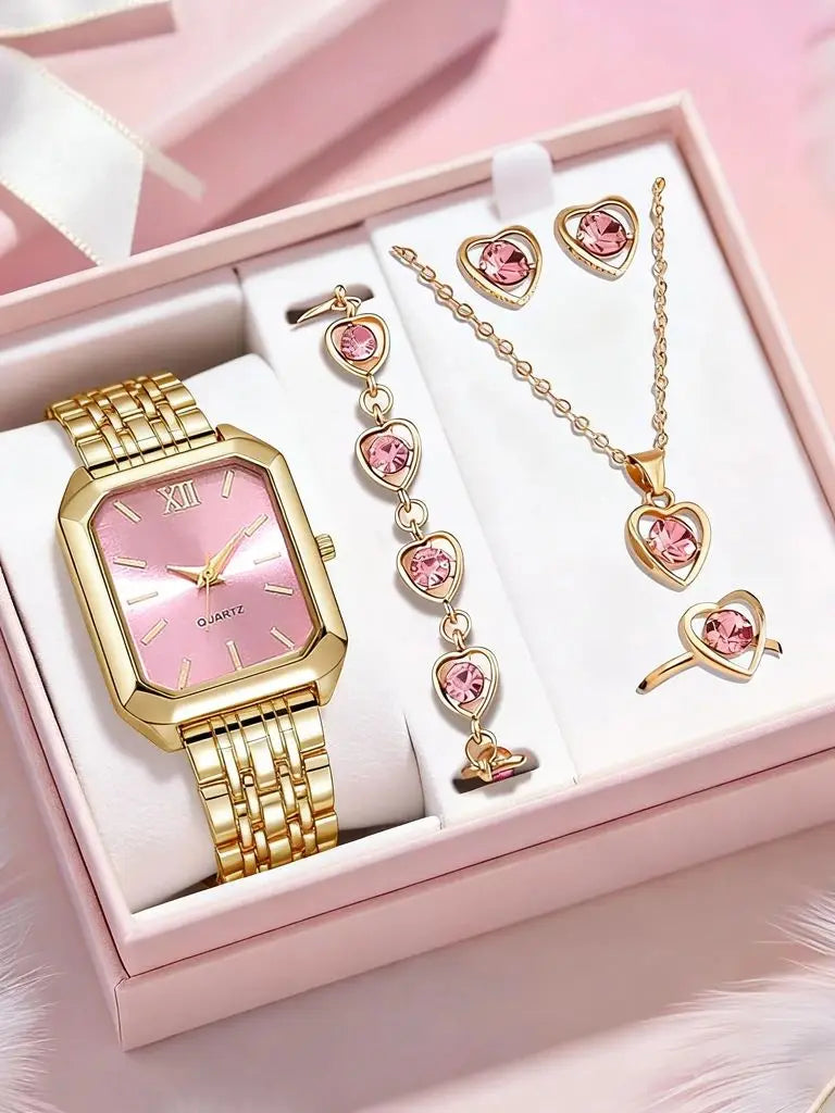 EJVS™  Fashionable Women's Round Dial Leather Strap Quartz Watch + Exquisite Jewelry Set