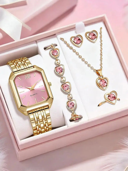 EJVS™  Fashionable Women's Round Dial Leather Strap Quartz Watch + Exquisite Jewelry Set