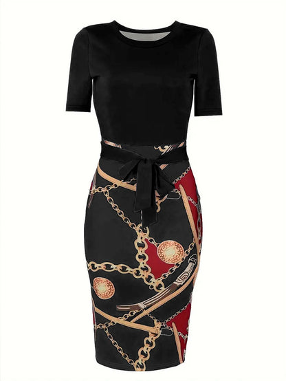 EJVS™ Colorblock Chain Print Belt Dress