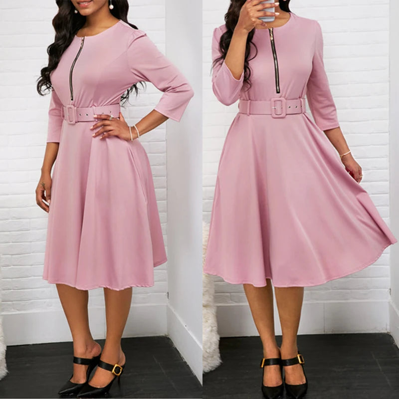 EJVS™  Round Neck Printed Belt Party Dress Elegant Office Lady Zipper Dress