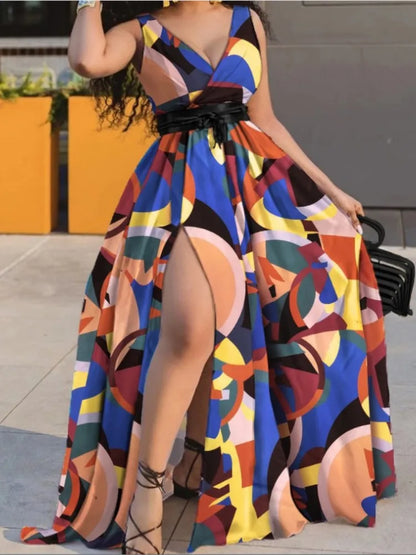 EJVS™  Summer Boho Sleeveless Slim Print Side Slit Party Maxi Dresses