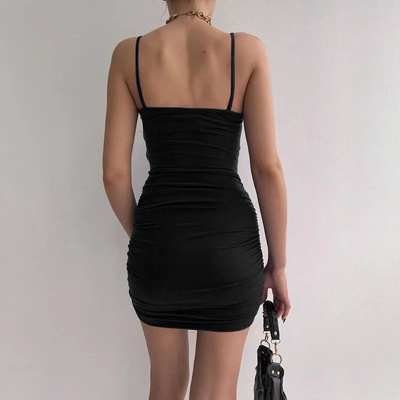 EJVS™  Spaghetti Strap Bodycon Backless Folds Wrap Hip Dress