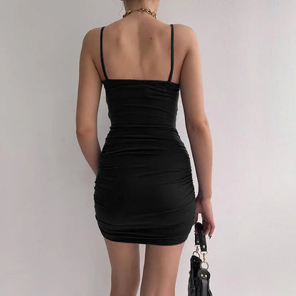 EJVS™  Spaghetti Strap Bodycon Backless Folds Wrap Hip Dress