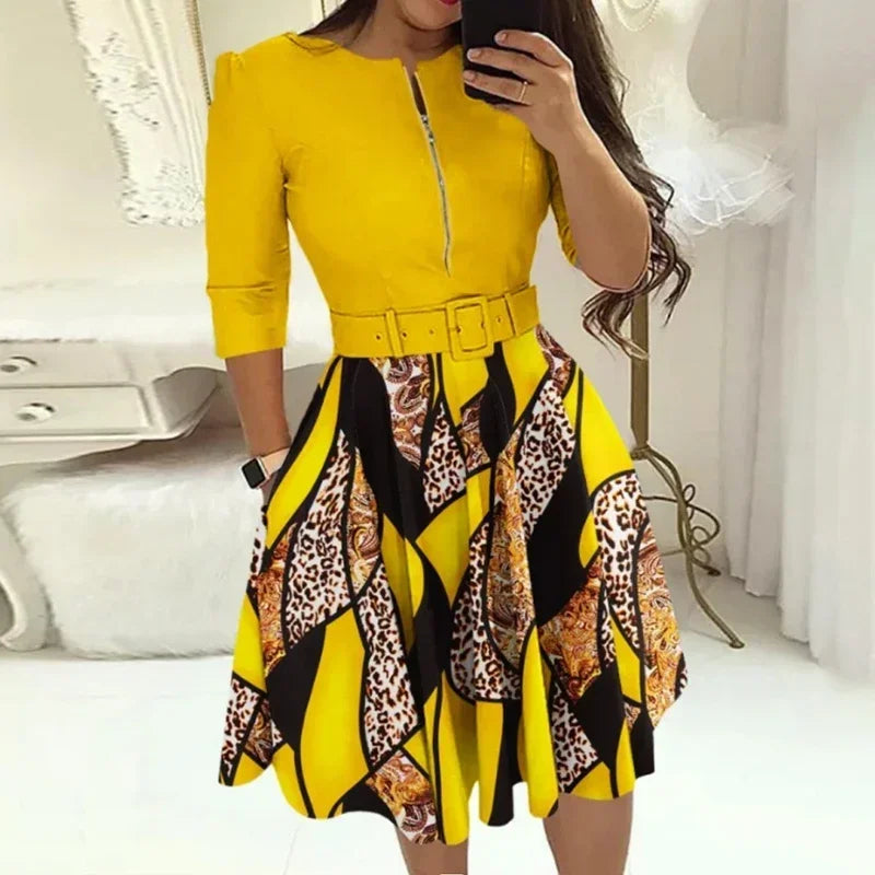 EJVS™  Round Neck Printed Belt Party Dress Elegant Office Lady Zipper Dress