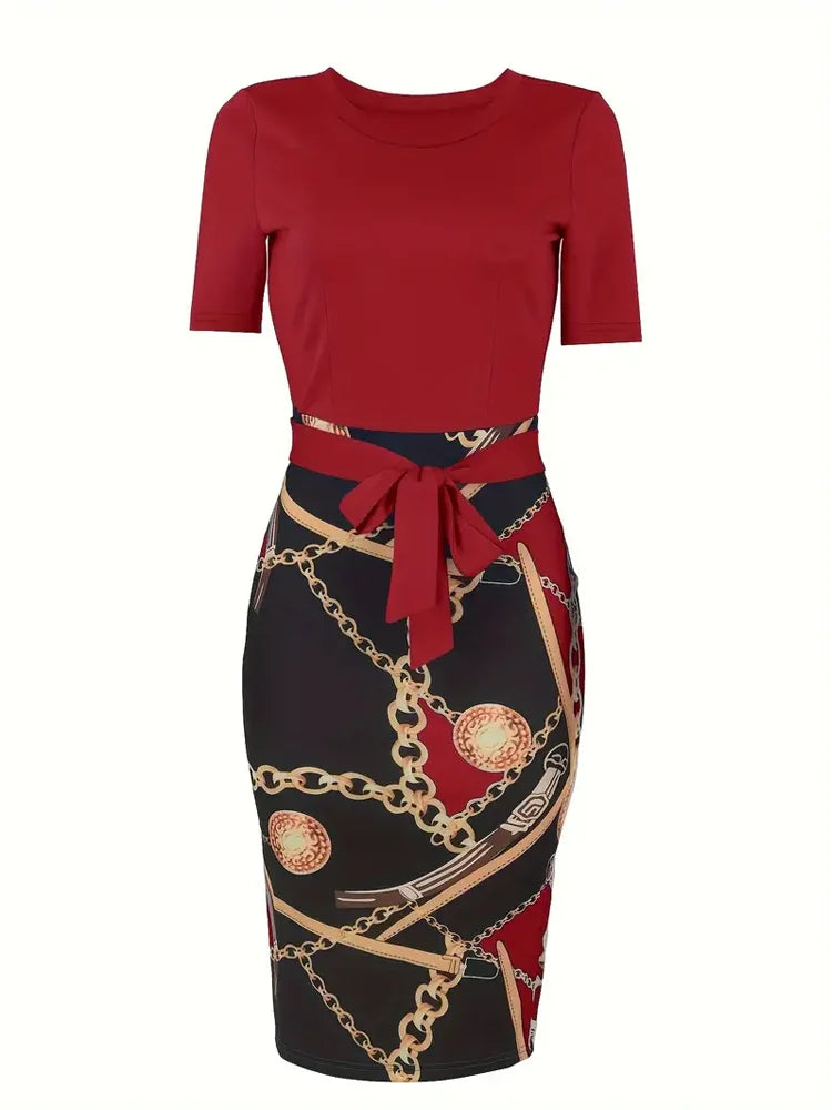 EJVS™ Colorblock Chain Print Belt Dress