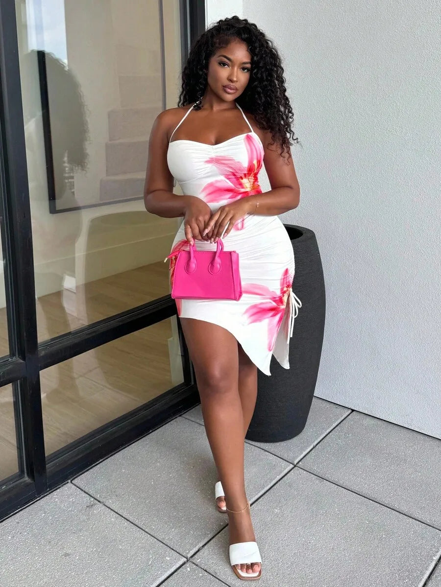 EJVS™  Pink Floral Print Asymmetric Hem