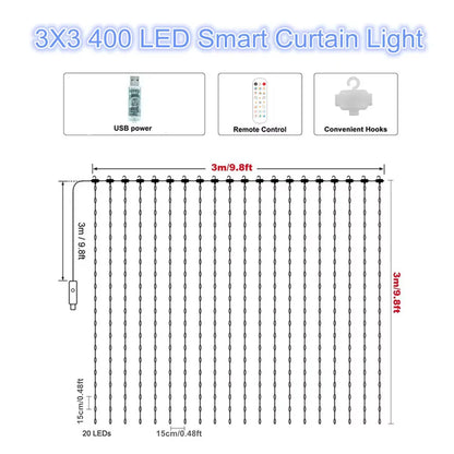 EJVS™  Smart Curtain Lights, 400 LED USB Curtain String Lights with App Remote Control