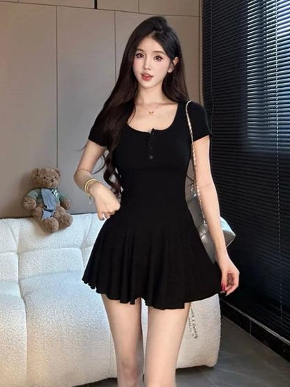 EJVS™  Spicy Girls Short Sleeve Mini Dress - Pleated Single Breasted