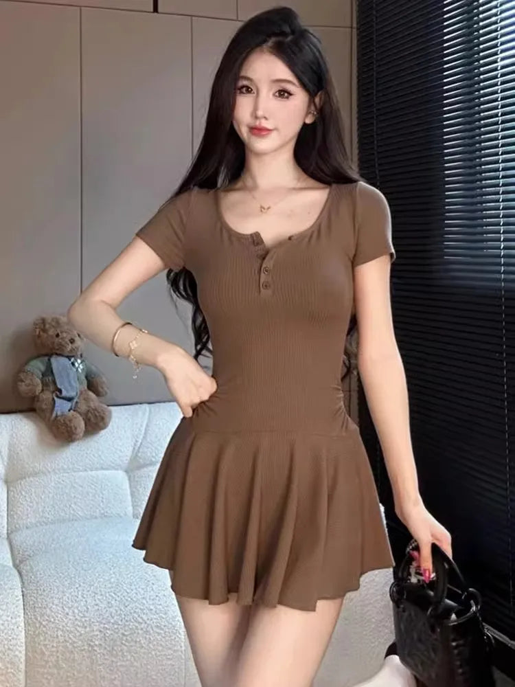 EJVS™  Spicy Girls Short Sleeve Mini Dress - Pleated Single Breasted