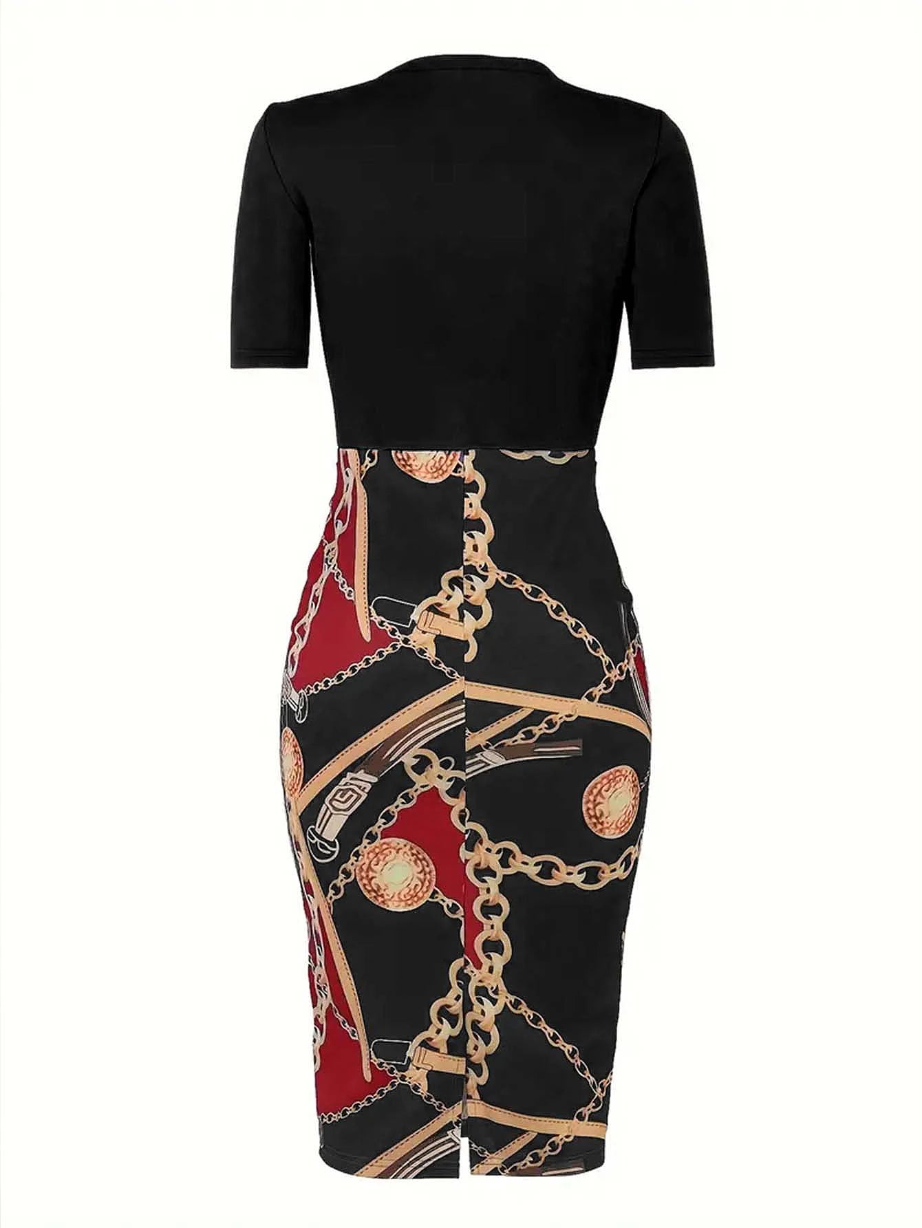 EJVS™ Colorblock Chain Print Belt Dress