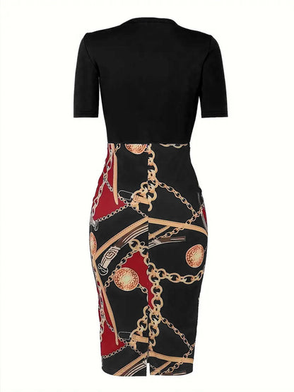 EJVS™ Colorblock Chain Print Belt Dress