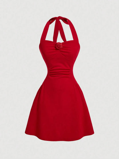 EJVS™ Red Bow Halter Pleated Dress