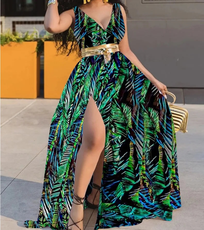 EJVS™  Summer Boho Sleeveless Slim Print Side Slit Party Maxi Dresses