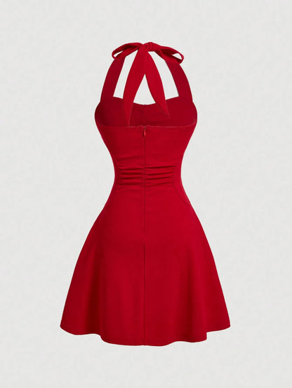 EJVS™ Red Bow Halter Pleated Dress