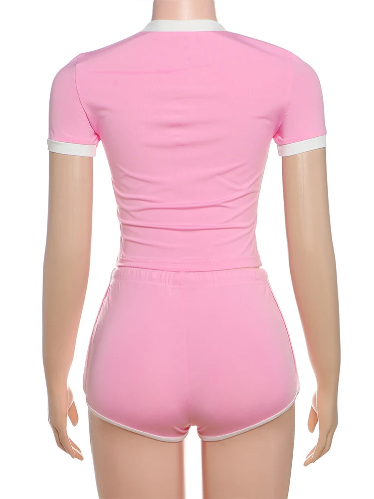 EJVS™  Nibber 2 Piece Tracksuit Letter Print Set - Shorts Sleeve Crop Tops+Biker Shorts