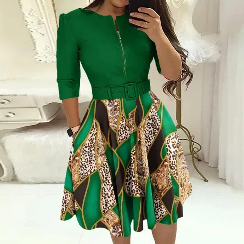 EJVS™  Round Neck Printed Belt Party Dress Elegant Office Lady Zipper Dress
