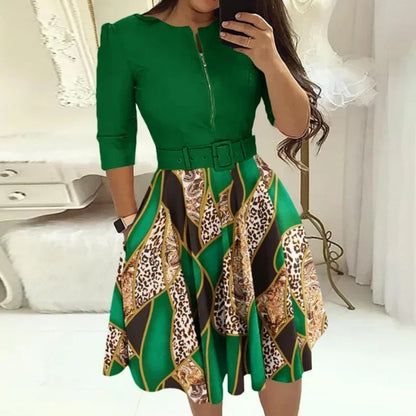 EJVS™  Round Neck Printed Belt Party Dress Elegant Office Lady Zipper Dress