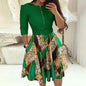 EJVS™  Round Neck Printed Belt Party Dress Elegant Office Lady Zipper Dress