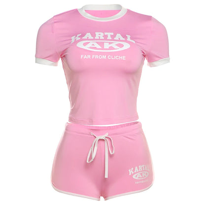 EJVS™  Nibber 2 Piece Tracksuit Letter Print Set - Shorts Sleeve Crop Tops+Biker Shorts