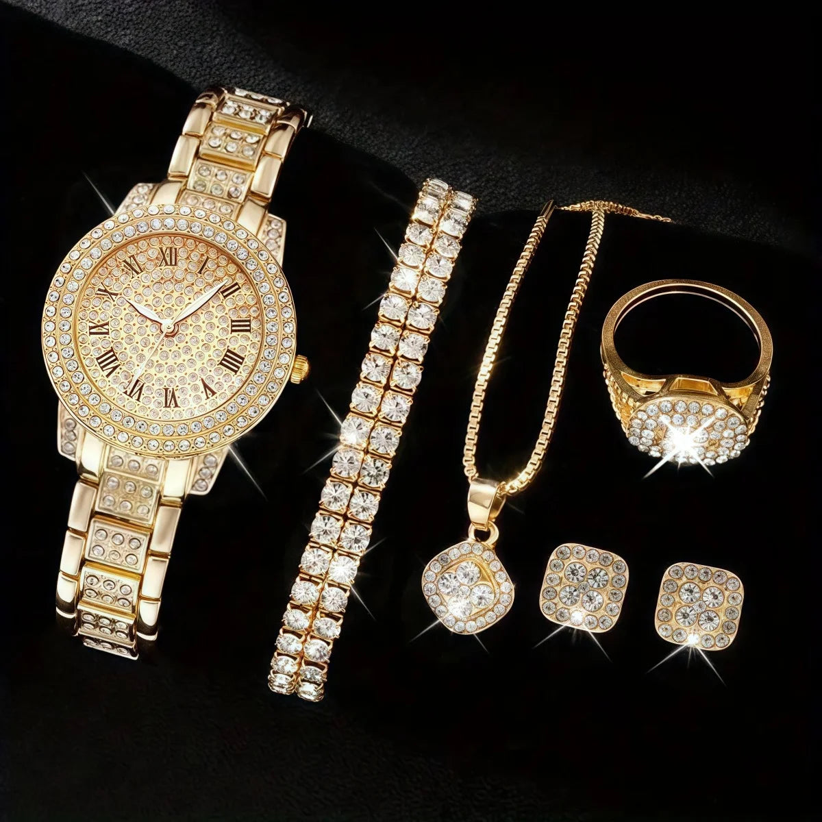 EJVS™  Full Diamond Roman Numerals Starry Charm Business Quartz Watch Set