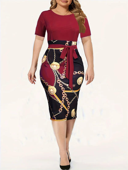 EJVS™ Colorblock Chain Print Belt Dress