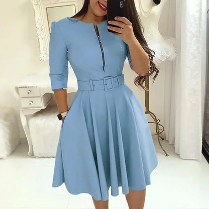 EJVS™  Round Neck Printed Belt Party Dress Elegant Office Lady Zipper Dress
