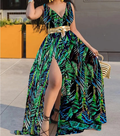 EJVS™  Summer Boho Sleeveless Slim Print Side Slit Party Maxi Dresses