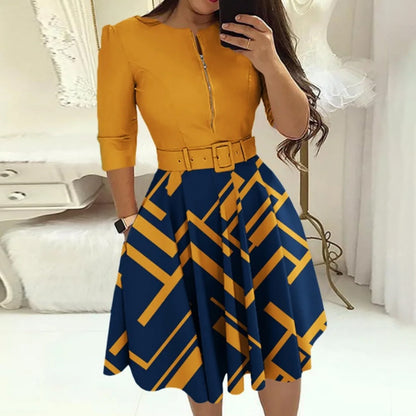 EJVS™  Round Neck Printed Belt Party Dress Elegant Office Lady Zipper Dress