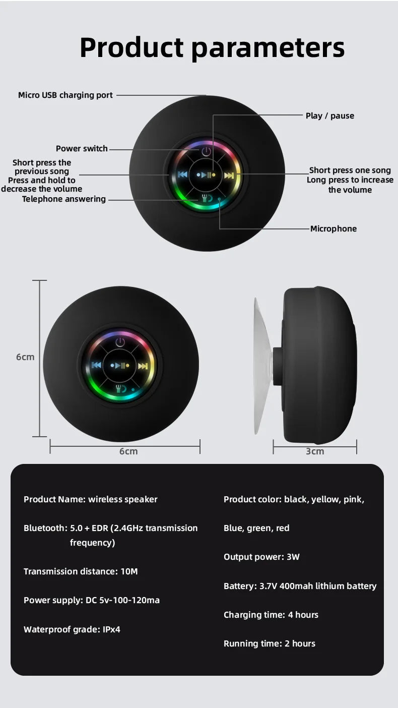 EJVS™  Mini Bluetooth Waterproof Wireless Shower - RGB Lights