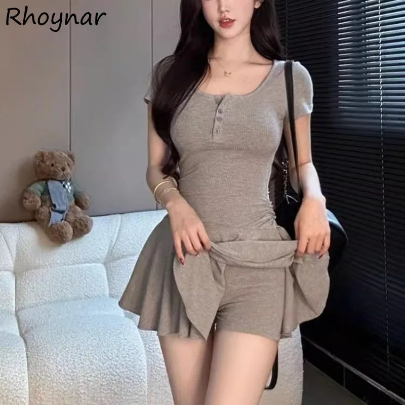 EJVS™  Spicy Girls Short Sleeve Mini Dress - Pleated Single Breasted