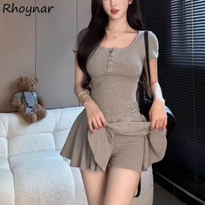 EJVS™  Spicy Girls Short Sleeve Mini Dress - Pleated Single Breasted