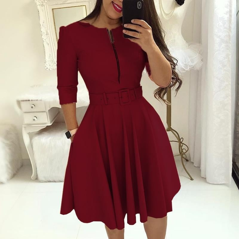 EJVS™  Round Neck Printed Belt Party Dress Elegant Office Lady Zipper Dress