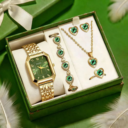 EJVS™  Fashionable Women's Round Dial Leather Strap Quartz Watch + Exquisite Jewelry Set