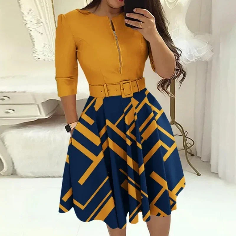 EJVS™  Round Neck Printed Belt Party Dress Elegant Office Lady Zipper Dress