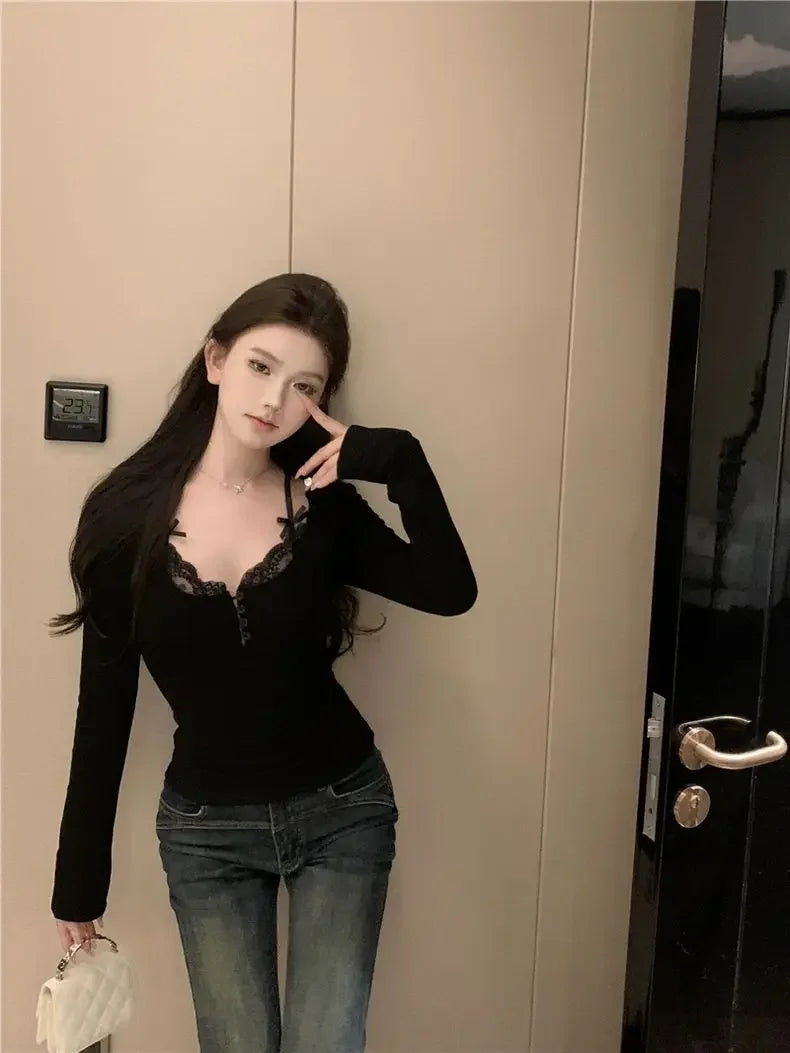 EJVS™  Sweet Lace Stitching V-neck Skinny Top Long Sleeve T-Shirts