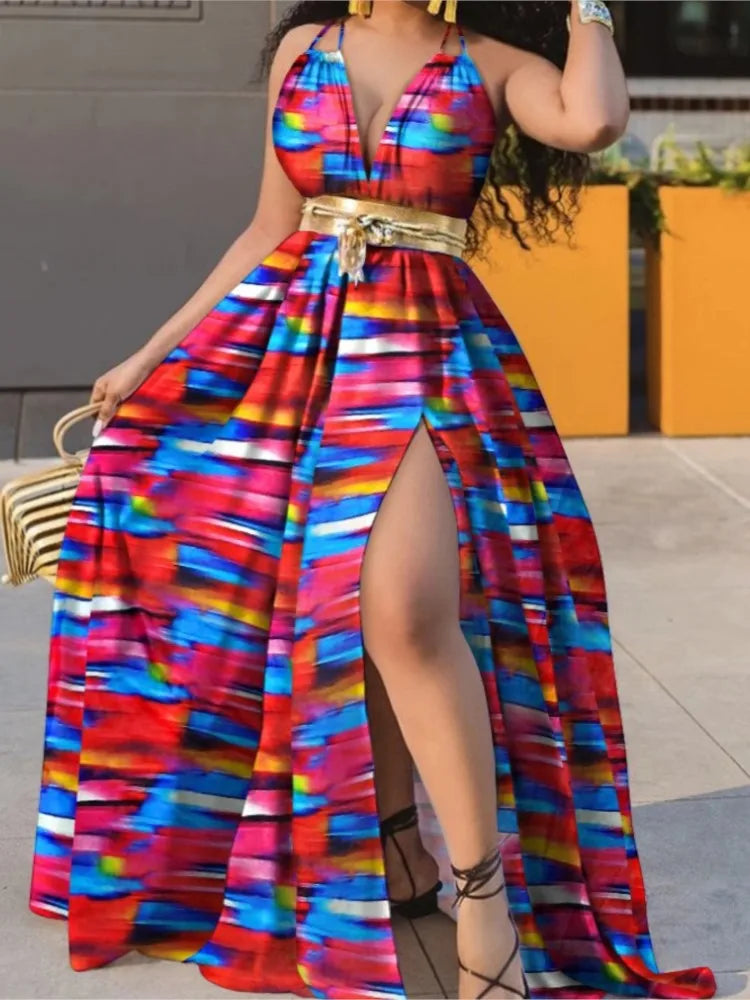 EJVS™  Summer Boho Sleeveless Slim Print Side Slit Party Maxi Dresses