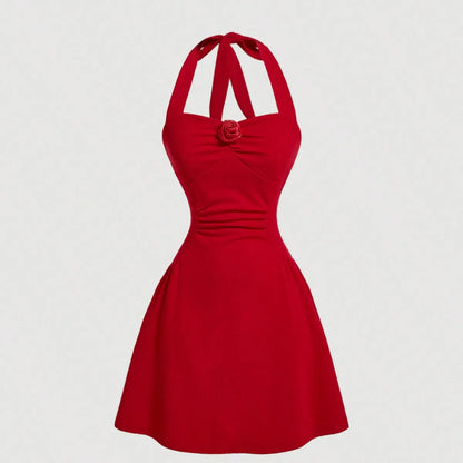 EJVS™ Red Bow Halter Pleated Dress