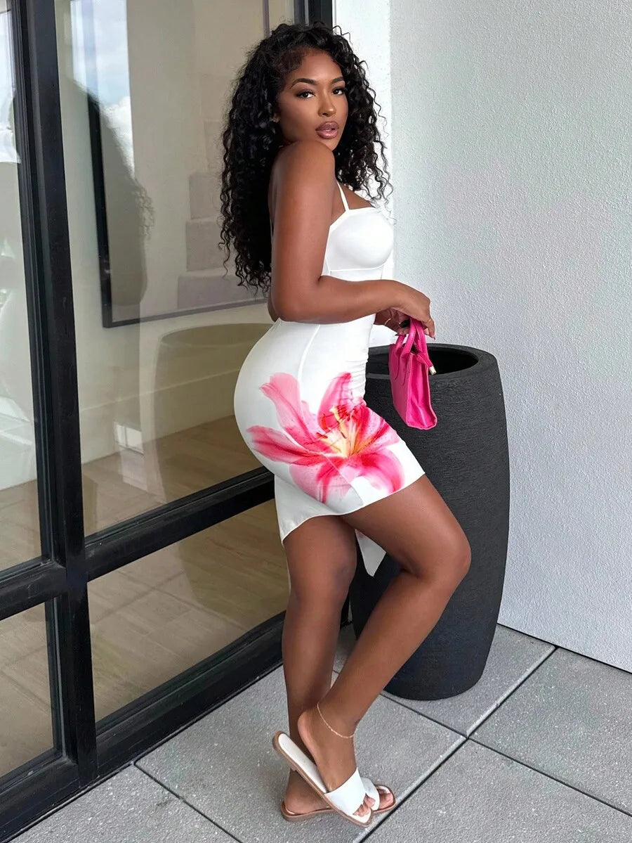 EJVS™  Pink Floral Print Asymmetric Hem