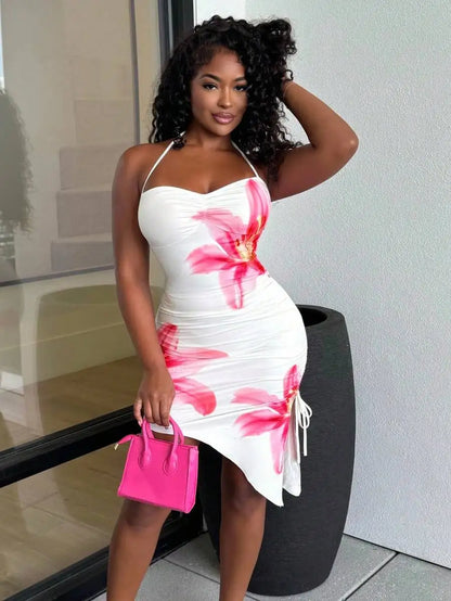 EJVS™  Pink Floral Print Asymmetric Hem